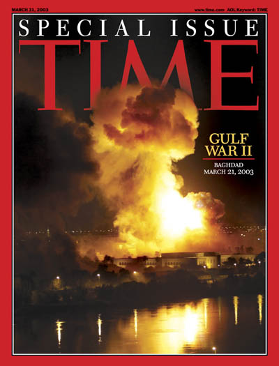 Night time bombing of Baghdad on March 21, 2003 at the beginning of Operation Iraqi Freedom.