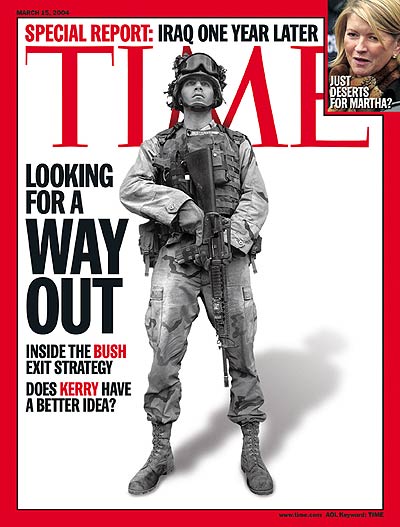 Special Report: Iraq One Year Later; Looking for a Way Out.' Photo of Specialist Cody Hoefer in Tikrit, Iraq on Feb. 23, 2004.  Inset:  Martha Stewart by Julie Jacobson-AP.