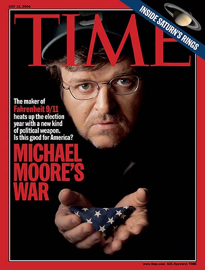 Documentary filmmaker Michael Moore.  Inset: Saturn by NASA/JPL/Space Science Institute.