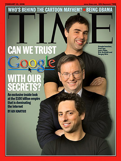 Google honchos, from top, Larry Page, Eric Schmidt and Sergey Brin