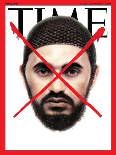 A picture of Abu Mousab al-Zarqawi, crossed out by a red X