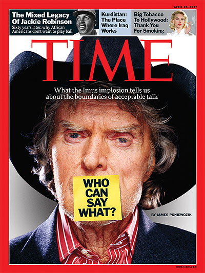 Who Can Say What?  A close up photo of Don Imus with a yellow post-it note covering his mouth. Adhesive note from Getty 