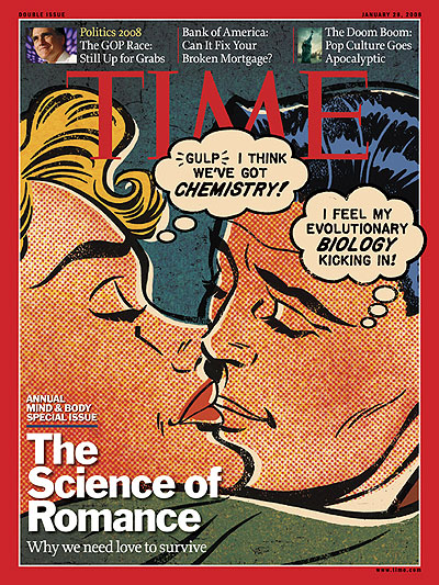 A Roy Lichtenstein-type illustration of a man and woman kissing with thought bubbles over their heads