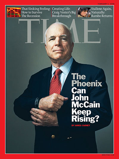 Portrait of John McCain from waist up holding his right wristband