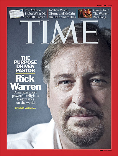 Close up photo of Rick Warren. Photography for TIME by Robert Gallagher. Insets, from left: AP; Andrew Kaufman for TIME