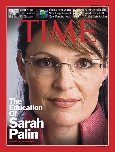 Close up photo of Sarah Palin. Sarah Palin photographed for TIME at the Hilton Minneapolis on Sept. 3, 2008. Insets, from left: Eliot Kamenitz-The Times-Picayune/AP; Science Source/Photo Researchers; Pal Hansen for TIME