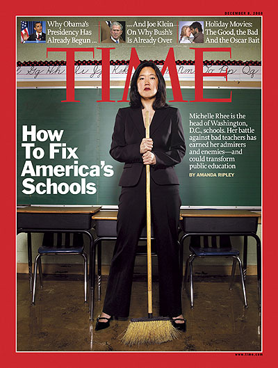 Photo of Michelle Rhee in a classroom. Insets, from left: Brian Kersey - Pool/Getty Images; PhotoXpress/ZUMA Press; James Fisher - 20th Century Fox