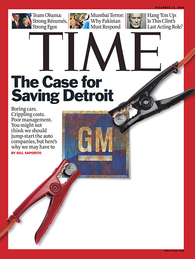 GM logo with jumper cables attached. Insets from left: Alexandra Buxbaum/ABACAUSA.com; Rajanish Kakade/AP; Patrick Hoelckc/Contour/Getty.