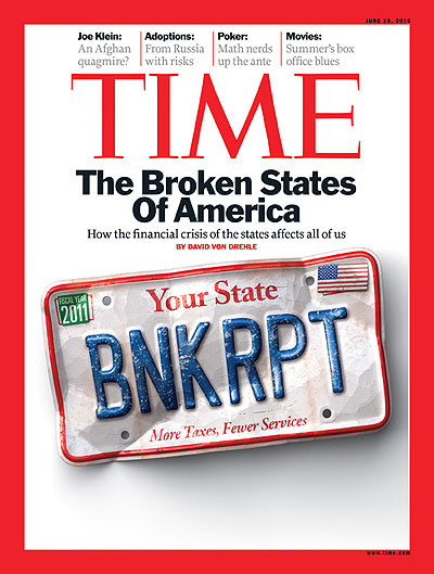 A license plate reads: Your State; BNKRPT; More Taxes, Fewer Services