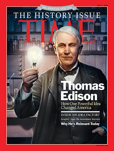 An illustration of Thomas Edison holding a lightbulb