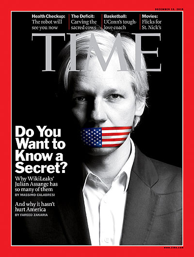A black and white photo of Julian Assange with his mouth covered by the American flag