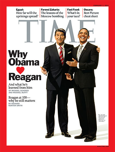 A photo-illustration of Ronald Reagan and Barack Obama