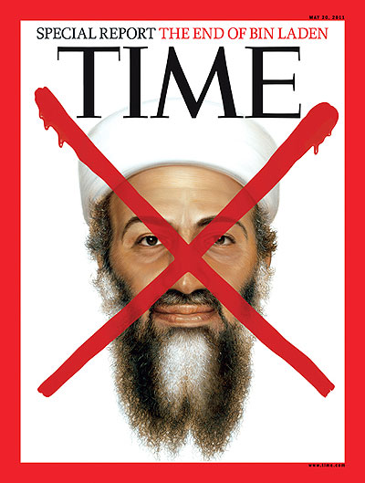 An illustration of Osama bin Laden with a red X on it.