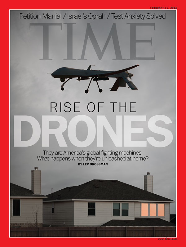 Photo illustration of drone hovering over house