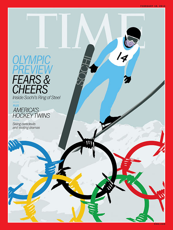 An illustration of a skier with the Olympic rings in barbed wire 