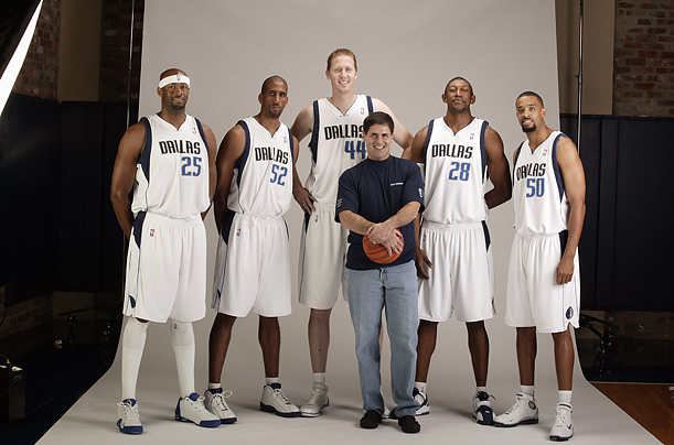 Erick Dampier #25, Calvin Booth #52, Shawn Bradley #44, DJ Mbenga #28 and Alan Henderson #50 of the Dallas Mavericks pose with Mark Cuban for a portrait during an NBA Media Day.  
