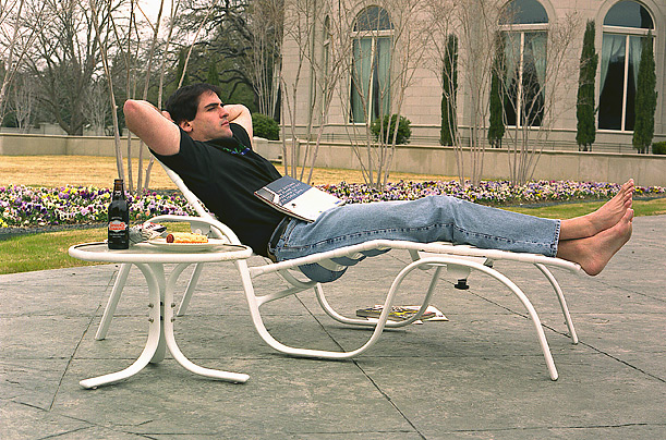 Mark Cuban relaxes at home in the posh neighborhood of Preston Hollow in Dallas, Texas. 
 
