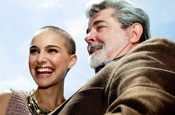 Portman and director Lucas pose for the press at a showing of 