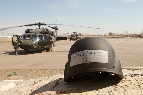 Risky Business
Williams' helmet, displaying his name and blood type, appears in Camp Liberty when Williams was reporting from Baghdad in 2007.