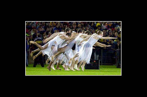 Male Otago University students perform the Southern Ballet before a Super 12 rugby union match between the Otago Highlanders and the Canterbury Crusaders in Dunedin, New Zealand