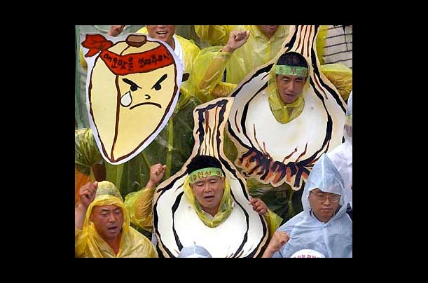 South Korean farmers wearing garlic-shaped masks chant slogans denouncing a trade pact reached two years ago by the government with China during a protest in central Seoul