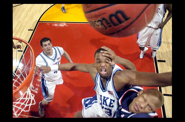 duke forward shelden williams and connecticut player charlie villaneuva fight for the rebound in the national semifinals in san antonio