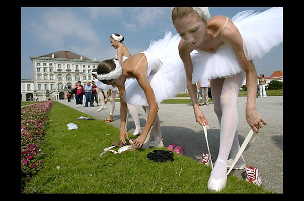 two ballerinas of russia's tschaikovsky perm ballet put on their ballet shows in front of munich's nymphenburg castle