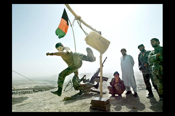 Afghan National Army soldier Ajab Khan practices hand-to-hand combat in Qalat, Afghanistan