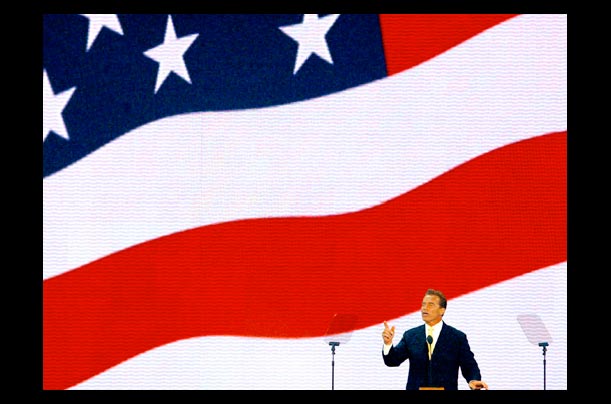 California Governor Arnold Schwarzenegger speaks at the 2004 Republican National Convention at Madison Square Garden in New York City about the American Dream