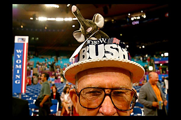 A delegate wears the GOP symbol at the 2004 Republican National Convention at Madison Square Garden in New York City