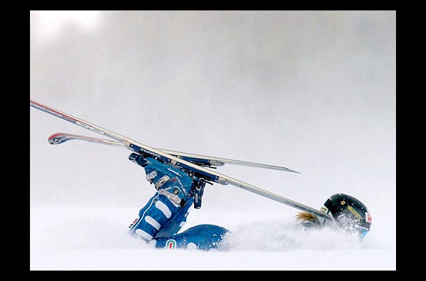 Italy's Nadia Fanchina falls during the first run of the Women's Giant slalom at the World Skin Championships in St. Caterina