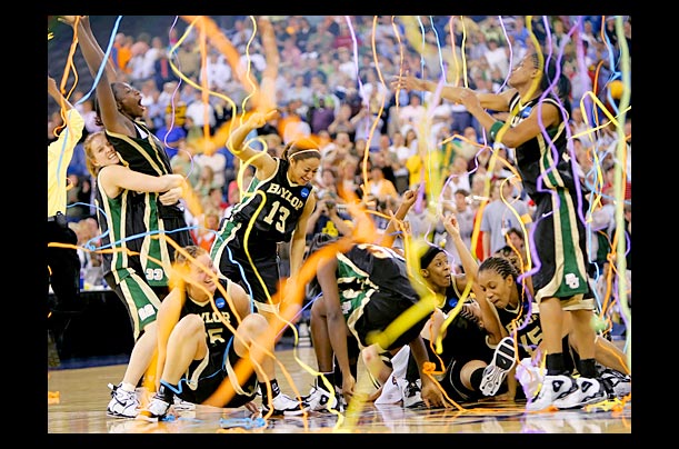 Baylor University players celebrate beating Michigan State in the 2005 NCAA Women's Final Four