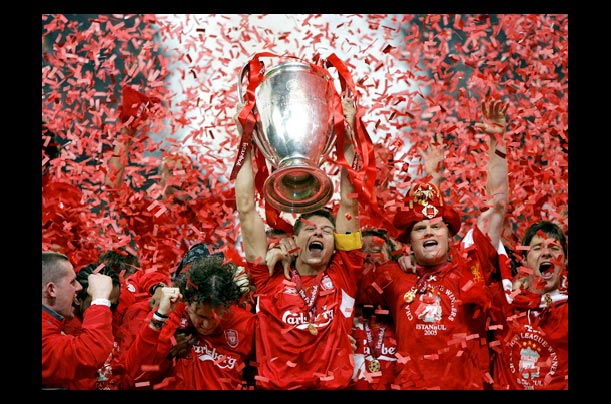 Liverpool's football captain Steven Gerrard lifts the Champions League trophy at the Ataturk Olympic Stadium in Istanbul, Turkey, after defeating AC Milan in the final