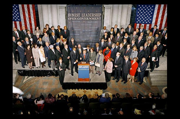 Democrats from the House and the Senate gather in the Great Hall of the Library of Congress