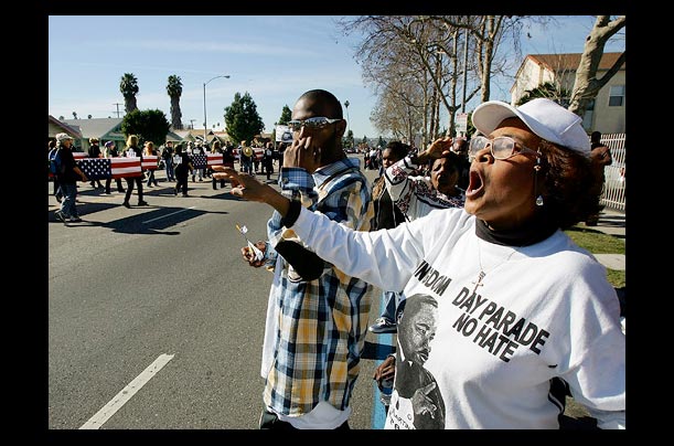 Barbara Wycoff cheers at the 21st annual Kingdom Day Parade on Martin Luther King Day in Los Angeles