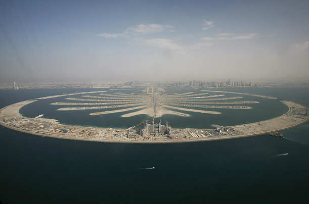 An aerial view of the man-made palm tree-shaped islands in Dubai.
