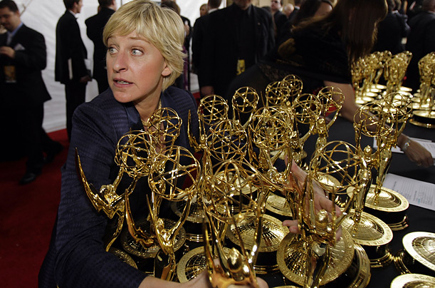 Ellen DeGeneres jokes around backstage at the Emmys during the award show in Los Angeles.