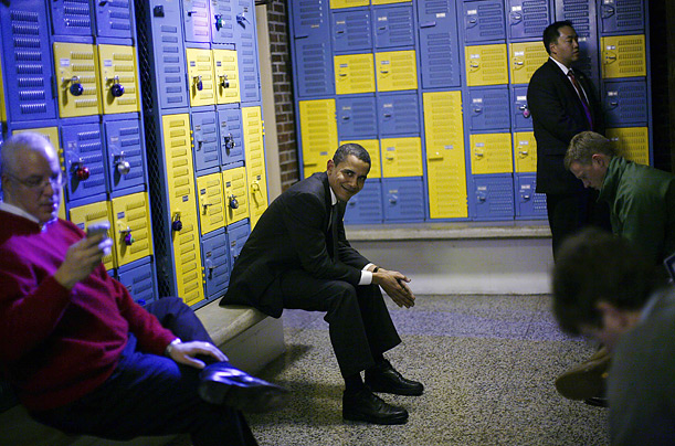 Democratic presidential candidate Barack Obama sits back stage before being introduced at a campaign stop at Washington Middle School in Clinton, Iowa.