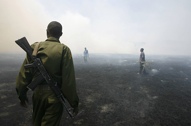 A park warden looks at the fire at Lake Nakuru National Park in the Rift Valley, Kenya. A bush fire engulfed the park on Friday, destroying vegetation and terrifying wildlife.