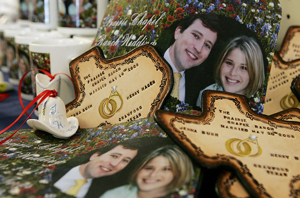 Commemorative items for the upcoming wedding of first daughter Jenna Bush and her fianc&eacute;, Henry Hager, are displayed at The Red Bull shop in Crawford, Texas. The wedding will take place