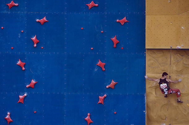 
Spain's Ramon Julian Puigblanque, currently ranked world number two, competes at the 2008 Climbing World Cup in Xining, China.