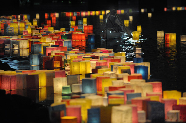 lanterns on the Motoyasu River beside the Atomic Bomb Dome in Hiroshima. The lanterns were set afloat to mark the 63rd anniversary of the world's first atomic attack