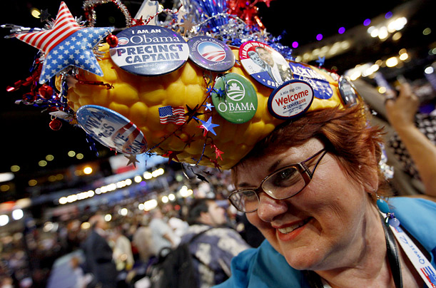 Nany Bobo, a delegate from Des Moines, Iowa, smiles beneath her corn hat during the Democratic National Convention.