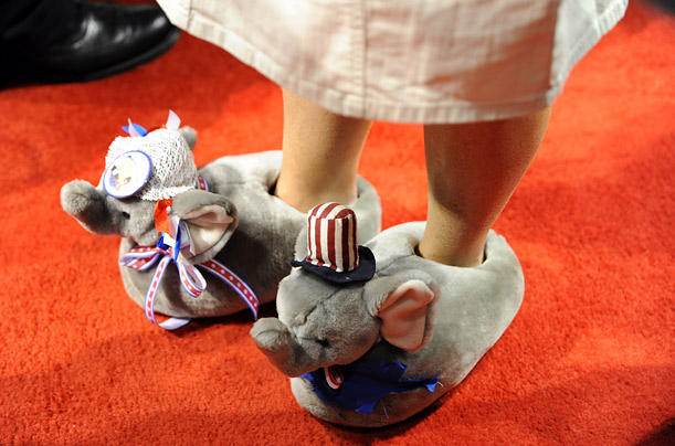 A delegate sports a pair of GOP-themed slippers during Republican National Convention festivities in St. Paul, Minnesota. 

