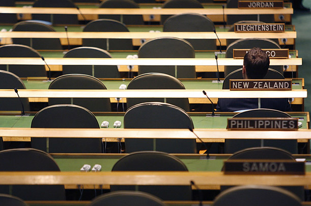 A Mexican delegate waits for the beginning of the 63rd United Nations General Assembly at U.N. headquarters in New York.



