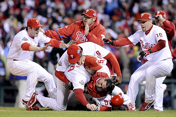 The Philadelphia Philles celebrate their championship win over the Tampa Bay Rays in Game 5 of the World Series.


