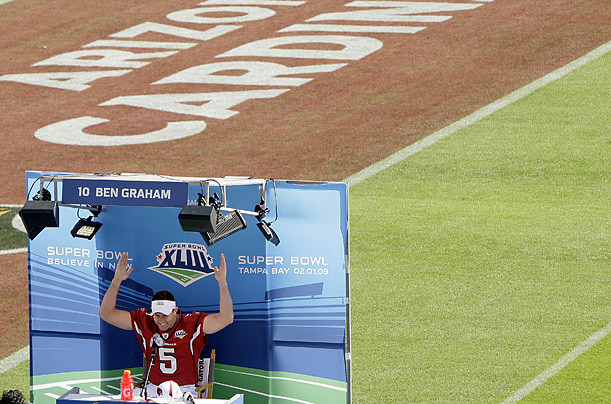 Arizona Cardinals punter Ben Graham talks to reporters during the team's media day for the upcoming Super Bowl.

