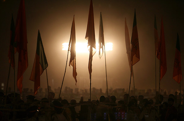 Flags are displayed during a joint election rally of India's main opposition Bharatiya Janata Party and Hindu hard line party Shiv Sena in Mumbai.
