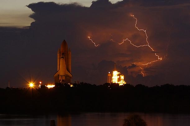 The space shuttle Discovery prepares to launch at the Kennedy Space Center in Cape Canaveral, Florida.
