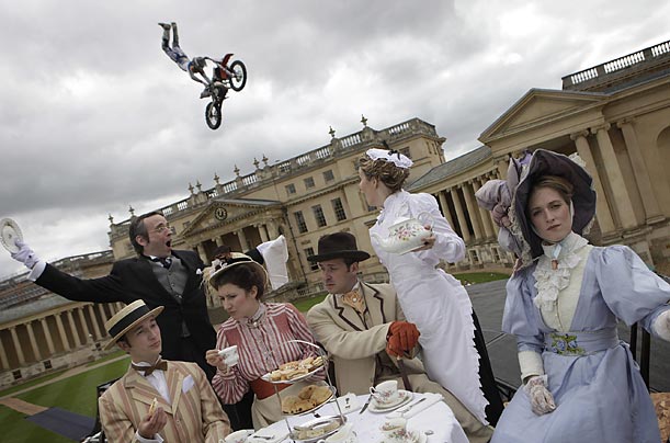 Goodness! In a promotion for the Red Bull X-Fighters World Tour, British motocross rider Chris Birch soars through the air as actors